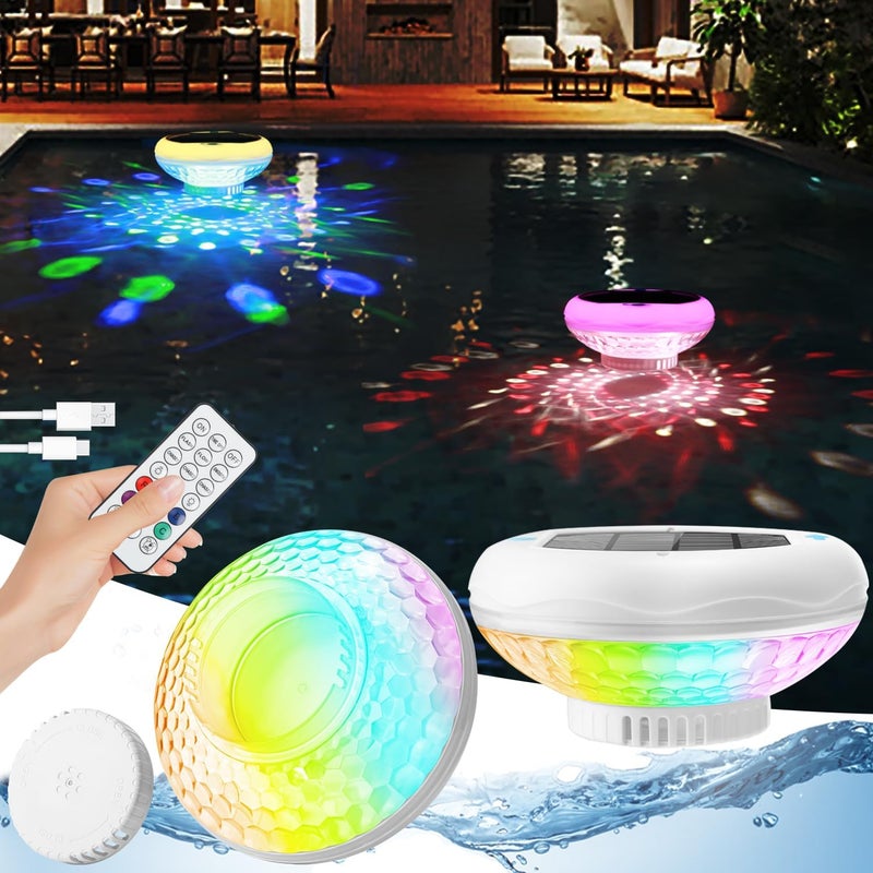 QOLNBY Floating Pool Lights, Solar Pool Chlorine Floater with USB Charging, 6.69 Inch IP68 Waterproof 2600mAh 13 Color Modes Adjustable Pool Chlorine Dispenser Upper and Lower Glow Pool Lights 2 PACK - Image 1